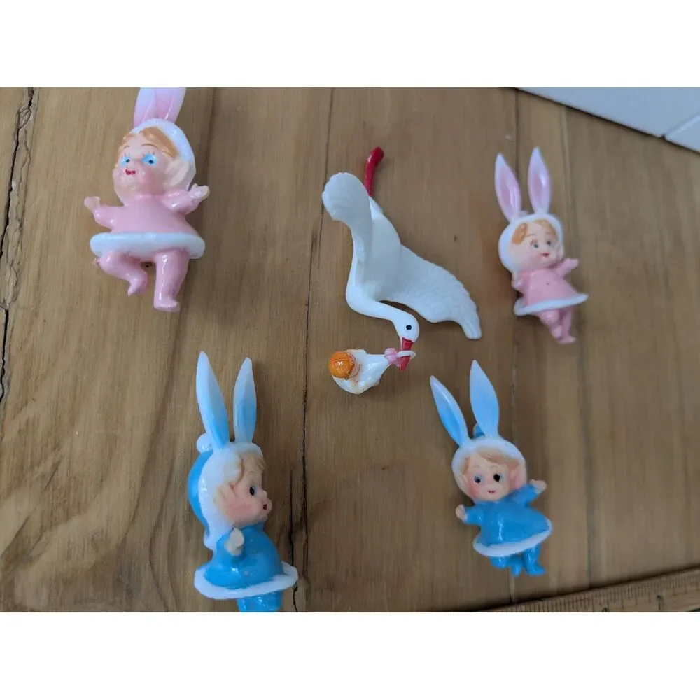 5 pcs Vintage baby shower cake topper mini figurines - Blue, pink bunnies, stork